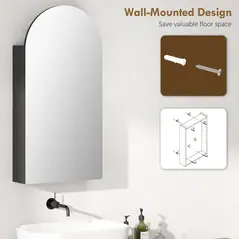 HOMCOM Arched Bathroom Mirror Cabinet with Adjustable Glass Shelves - Black - 6