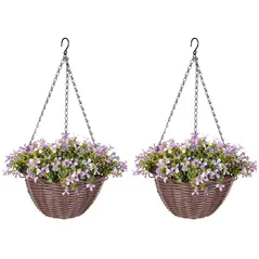 HOMCOM Artificial Flowers in Basket Set of 2, Artificial Hanging Baskets with 75 Leaves and 15 Flowers in Pot, Decorative Plant for Home Office Decor, Purple - 1