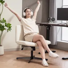 HOMCOM Armless Office Chair No Wheels, Linen Fabric Criss Cross Legged Desk Chair with Wide Seat, Thick Padding, Tilt Function, Height Adjustable Swivel Computer Seat for Home, Cream - 8