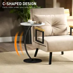 HOMCOM C Shaped Side Table, Round Bedside Table with Marble Effect Top, Modern Coffee Table Sofa End Table with Metal Frame for Living Room Bedroom Office, White - 4