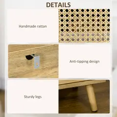 HOMCOM Bedside Table with Rattan Element, Side End Table with Shelf and Cupboard, 39cmx35cmx60cm, Set of 2, Natural - 6