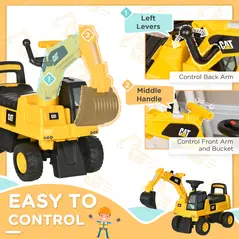 HOMCOM CAT Licensed Kids Ride on Digger Toddler Pretend Construction Play Toy Foot-To-Floor Ride-On Toy w/ Manual Shovel, Horn, Hidden Storage, for Ages 1-3 Years - 5