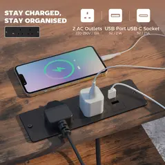 HOMCOM Bedside Table with Charging Station - Rustic Brown - 5