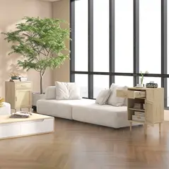 HOMCOM Bedside Table, Rattan Side Tables with Drawer, Cabinet and Adjustable Shelf, Boho Bedside Cabinet with Storage for Bedroom, Living Room, Natural Wood Effect - 8