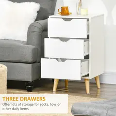 HOMCOM Bedside Table, Bedside Cabinet with 3 Drawers, Side End Table with Pine Wood Legs for Bedroom Living Room, White - 5