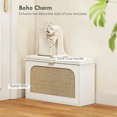 HOMCOM Boho Shoe Bench with Padded Seat and Flip-Drawer - White - 4