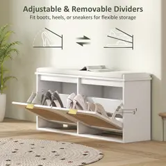 HOMCOM Boho Shoe Bench with Padded Seat and 2 Flip-Drawers - White - 7