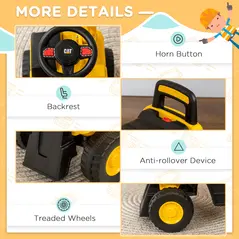 HOMCOM CAT Licensed Kids Ride on Digger Toddler Pretend Construction Play Toy Foot-To-Floor Ride-On Toy w/ Manual Shovel, Horn, Hidden Storage, for Ages 1-3 Years - 7