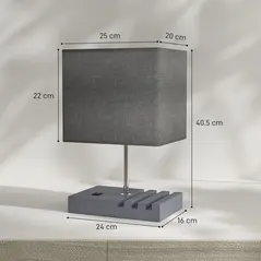 HOMCOM Bedside Lamp with USB A+C Charging Ports and 3 Phone Stands, Modern Table Lamp with Solid Wood Base and Fabric Shade for Bedroom Living Room Office, E27 Socket, Bulb Not Included, Grey - 3