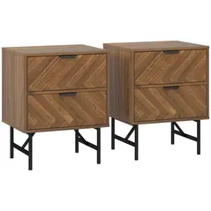 HOMCOM Bedside Table Set of 2 with 2 Drawers, Modern Side Tables with Herringbone Pattern and Metal Legs for Bedroom, Living Room, Walnut Brown - 1