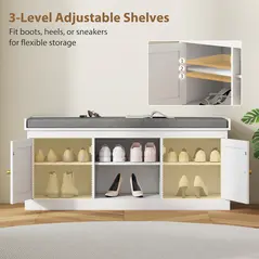 HOMCOM Boho Shoe Storage Bench with Padded Cushion and Rattan Doors - White - 7