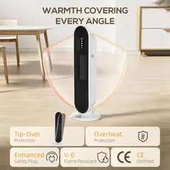 HOMCOM Ceramic Space Heater, Indoor Tower Heater with 2 Heat, Oscillation, Remote Control, Timer, Tip-Over & Overheating Protection, 1200W/2000W, White - 6