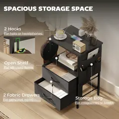 HOMCOM Bedside Table with Charging Station - Black - 6