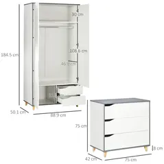 HOMCOM Bedroom Furniture Set, Wardrobe with Hanging Rail, 3 Drawer Chest of Drawers with Cut-out Handles, Grey and White - 3