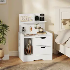 HOMCOM Bedside Table with 2 Drawers and Open Shelves - High Gloss White - 2