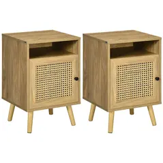 HOMCOM Bedside Table with Rattan Element, Side End Table with Shelf and Cupboard, 39cmx35cmx60cm, Set of 2, Natural - 1