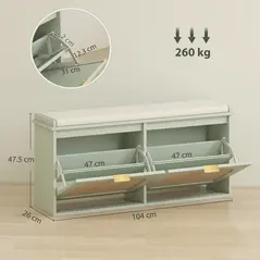 HOMCOM Boho Shoe Bench with Padded Seat and 2 Flip-Drawers - Light Green - 3