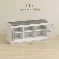 HOMCOM Boho Shoe Storage Bench with Padded Cushion and Rattan Doors - White - 3