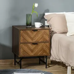 HOMCOM Bedside Table Set of 2 with 2 Drawers, Modern Side Tables with Herringbone Pattern and Metal Legs for Bedroom, Living Room, Walnut Brown - 9