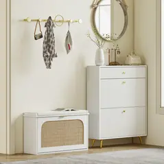 HOMCOM Boho Shoe Bench with Padded Seat and Flip-Drawer - White - 8