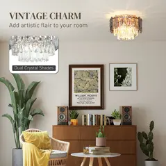 HOMCOM Chandelier Ceiling Light, 3-Light Vintage Flush Mount Fixture with Dual Crystal and Smoke Glass Shade, LED Ceiling Light for Living Room Bedroom, 3 E14 Sockets, Bulbs Not Included, Gold Tone - 4