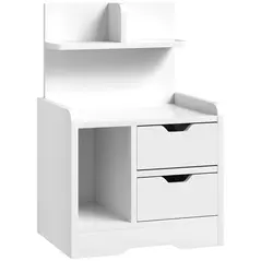 HOMCOM Bedside Table with 2 Drawers and Open Shelves - High Gloss White - 1