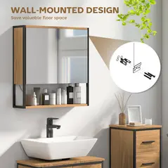 HOMCOM Bathroom Mirror Cabinet with Soft-Close Doors and Adjustable Shelf - Natural Wood Finish - 8