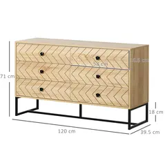 HOMCOM Bedroom Chest of Drawers, 6 Drawer Dresser, Sideboard Cabinet with Zigzag Design and Metal Base, Storage Drawer Unit, 120x71cm, Natural - 3
