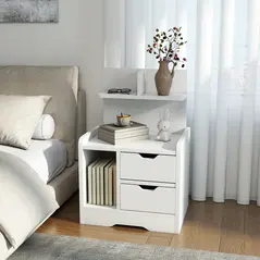 HOMCOM Bedside Table with 2 Drawers and Open Shelves - High Gloss White - 9