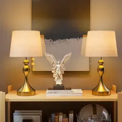 HOMCOM Bedside Lamps Set of 2, Modern Table Lamps with 3 Colour Temperatures, USB A+C Charging Ports and Linen Shade for Living Room Bedroom Office, Gold Tone - 2