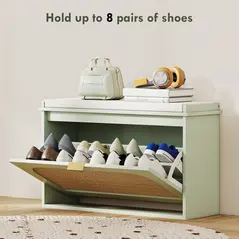 HOMCOM Boho Shoe Bench with Padded Seat and Flip-Drawer - Light Green - 6