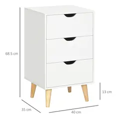 HOMCOM Bedside Table, Bedside Cabinet with 3 Drawers, Side End Table with Pine Wood Legs for Bedroom Living Room, White - 3