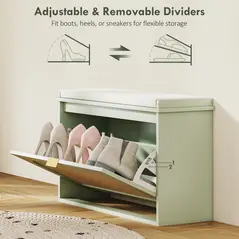 HOMCOM Boho Shoe Bench with Padded Seat and Flip-Drawer - Light Green - 7