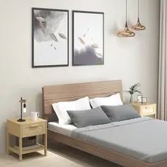 HOMCOM Bedside Table Set of 2 with Rattan Drawer, Rustic Side Tables with Storage Shelf for Bedroom, Living Room, Natural - 2