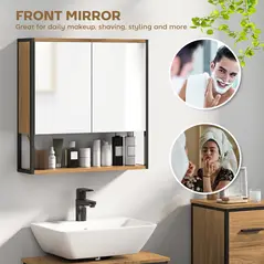HOMCOM Bathroom Mirror Cabinet with Soft-Close Doors and Adjustable Shelf - Natural Wood Finish - 4