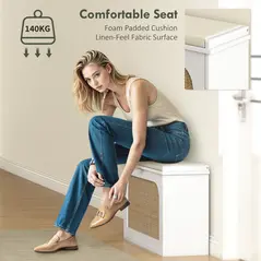 HOMCOM Boho Shoe Bench with Padded Seat and Flip-Drawer - White - 5