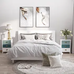 HOMCOM Bedside Table Set of 2 Chest of 3 Drawers Shabby Chic Nightstands with Metal Handle Sofa Side Table for Living Room, Bedroom,Grey and blue - 2