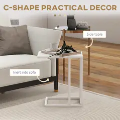 HOMCOM C Shape Bedside Table w/Metal Frame Wood-Effect Top Sofa Narrow Snack End Table for Living Room, White - 4