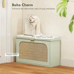 HOMCOM Boho Shoe Bench with Padded Seat and Flip-Drawer - Light Green - 4