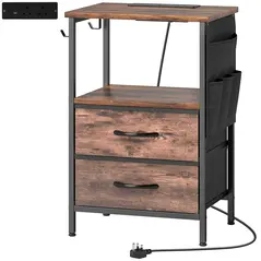 HOMCOM Bedside Table with Charging Station - Rustic Brown - 1