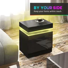 HOMCOM Black Bedside Table with LED Light, High Gloss Front Nightstand with 2 Drawers, for Living Room, Bedroom - 5