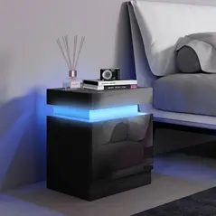 HOMCOM Black Bedside Table with LED Light, High Gloss Front Nightstand with 2 Drawers, for Living Room, Bedroom - 2