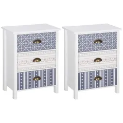 HOMCOM Bedside Table Set of 2 Chest of 3 Drawers Shabby Chic Nightstands with Metal Handle Sofa Side Table for Living Room, Bedroom,Purple - 1