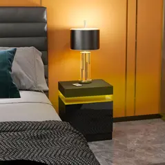 HOMCOM Black Bedside Table with LED Light, High Gloss Front Nightstand with 2 Drawers, for Living Room, Bedroom - 8