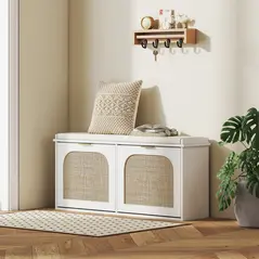 HOMCOM Boho Shoe Bench with Padded Seat and 2 Flip-Drawers - White - 8