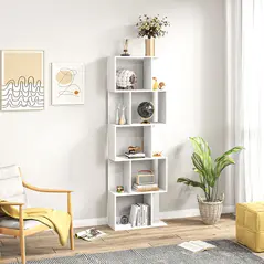 HOMCOM Bookcase, S-Shaped Wooden Bookshelf, 5 Tiers Freestanding Storage Shelf, Home Office Display Stand Rack, White - 7