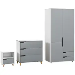 HOMCOM Bedroom Furniture Set, Wardrobe with Hanging Rail, 3 Drawer Chest of Drawers, Bedside Table with Drawer, Grey and White - 1