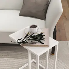 HOMCOM C Shape Bedside Table w/Metal Frame Wood-Effect Top Sofa Narrow Snack End Table for Living Room, White - 8