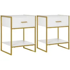 HOMCOM Bedside Table Set of 2, Modern Side Tables with Drawer and Shelf, Nightstands for Bedroom, White - 1