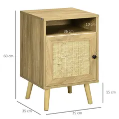 HOMCOM Bedside Table with Rattan Element, Side End Table with Shelf and Cupboard, 39cmx35cmx60cm, Natural - 3